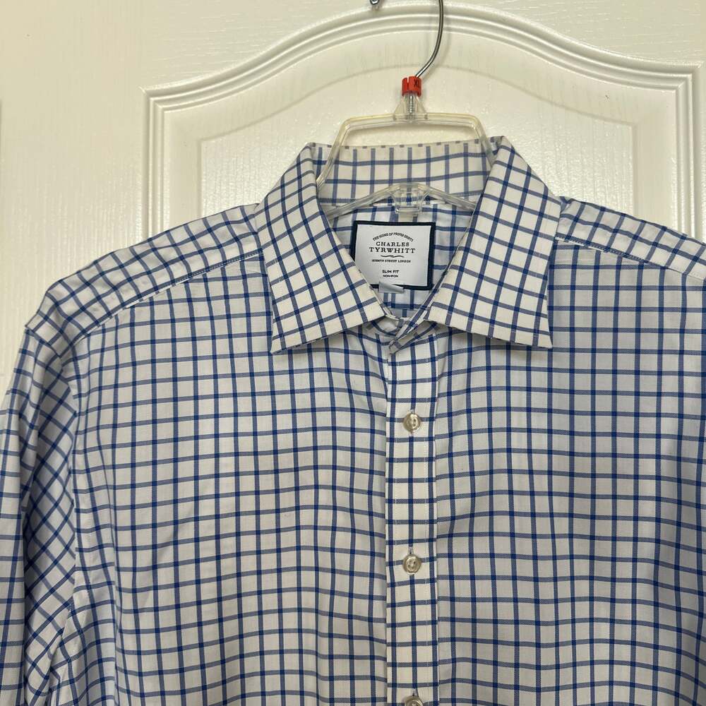 Charles Tyrwhitt Non-Iron Blue Grid Check Dress Shirt 17 1/2   34in
